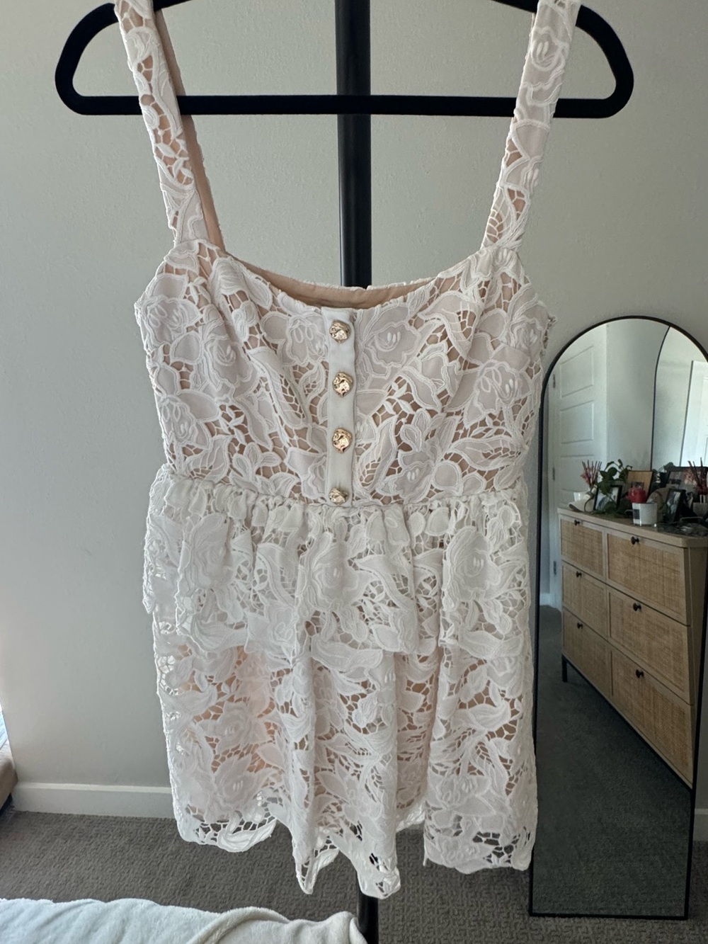 Self-Portrait White Lace Peplum Dress with Gold Buttons